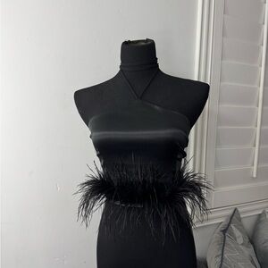 Sleek Black Satin Halter Top with Feather Detail